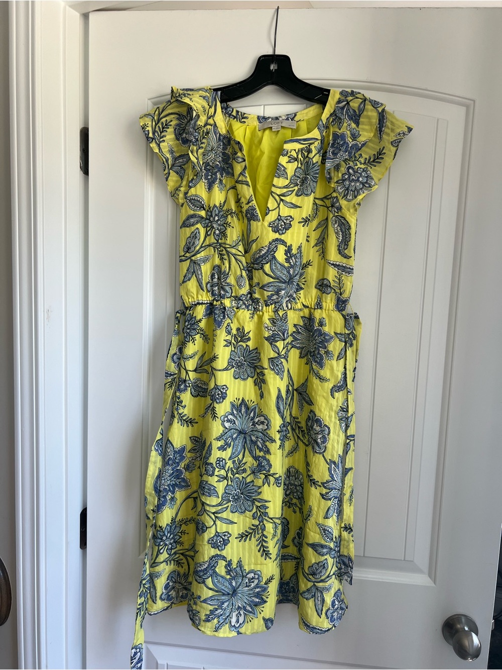 LOFT Yellow Midi Dress with Blue Floral Print